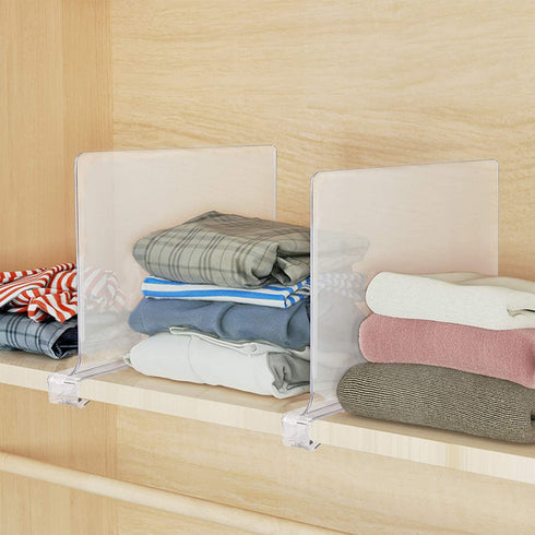 Jucoan 4 Pack Clear Acrylic Shelf Dividers for Closet, Easy Installing Wood Shelves Organizer Closet Separators for Storage and Organization in Bedroom, Kitchen and Office