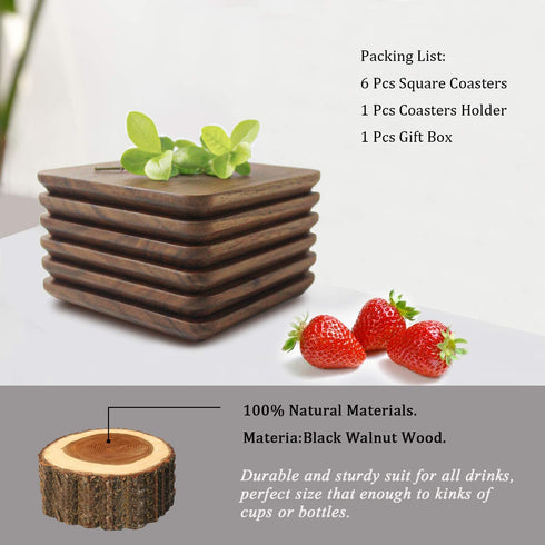 Eykao Drink Coasters with Holder, Coasters for Wooden Table, Farmhouse Coaster, 6 Pcs Square Walnut Wood Coaster(4 Inch), Fit Ceramic Cup and Glass Cup or Any Size of Drink Glasses, Housewarming Gifts