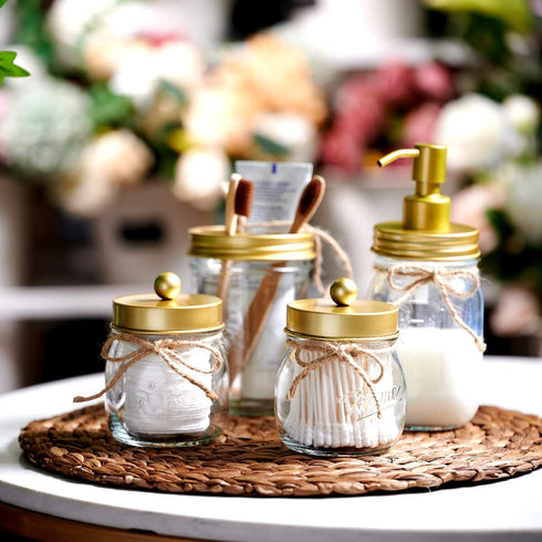 Amolliar Mason Jar Bathroom Accessories Set(4 Pcs) -Lotion Soap Dispenser & 2 Cotton Swab Holder &Toothbrush Holder-Rustic Farmhouse Decor,Countertop Vanity Organize?Bathroom Home Decor (Gold)