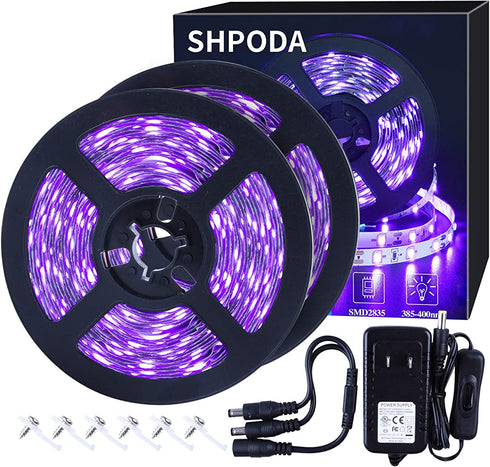 33ft LED Black Light Strip Kit, 600 Units, 385nm-400nm, 12V Flexible Blacklight Fixtures, 10M LED Ribbon, Non-Waterproof for Indoor, Birthday, Wedding, Dark Party