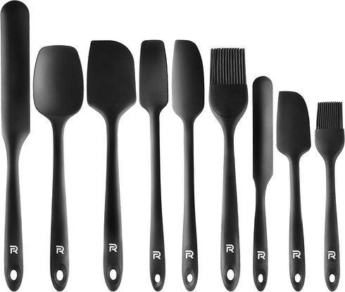 Riveira Silicone Spatula Set 9-Piece 600°F+ Heat Resistant kitchen utensils set Cooking Utensils Set Plastic Rubber Spatulas for Nonstick Cookware Baking Spoon Sets for Kitchen in Black