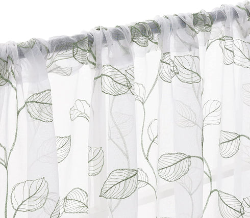 Topick Embroidered Sheer Curtains for Living Room Botanical Tile Sage Window Curtains Leaf Geometric Semi-Sheer Drapes for Bedroom Pole Top 2 Panels 63 inch