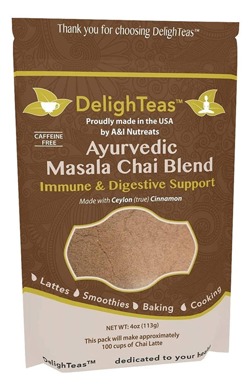 Ayurvedic Organic Masala Chai powder; No added sugar or sweetener; 4oz (100 Servings) - Caffeine free - Made with Ceylon (true) Cinnamon - Great for Vegan Lattes and Smoothies