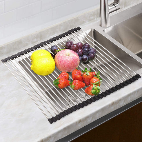 SunCleanse 17.8L—15W Roll Up Dish Drying Rack, Large Over Sink Dish Drying Rack Drainer, Multi-Use Stainless Steel Foldable Dish Rack for Kitchen Sink Countertop, Black