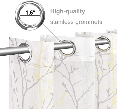 Curtains Semi Sheer Window Curtains Tree Branches Drapes Linen Panels Grommet Window Curtains for Bedroom, Living Room, Laundry, Nursery 50 — 63 Inches 2 Panels White Yellow and Gray