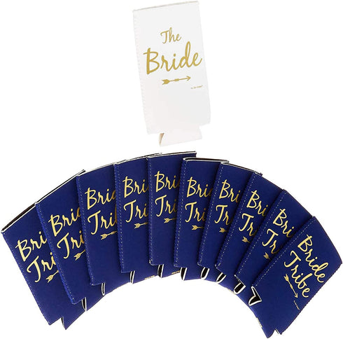 Bride Tribe Bachelorette Party Skinny Can Sleeves - Insulated Neoprene Drink Holders, Fit Slim Spiked Hard Seltzer Beer Cans Bridal Shower Decorations, Supplies, Favors (Navy Blue)