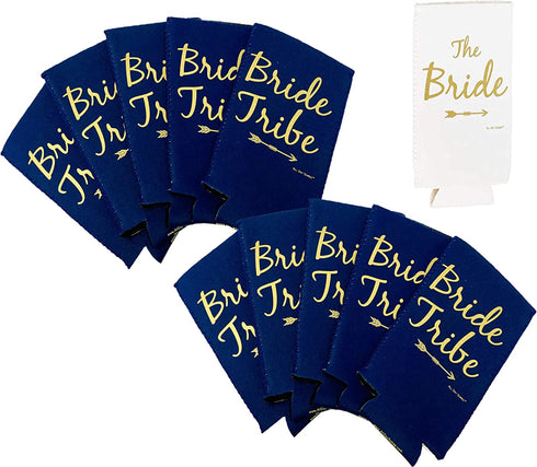 Bride Tribe Bachelorette Party Skinny Can Sleeves - Insulated Neoprene Drink Holders, Fit Slim Spiked Hard Seltzer Beer Cans Bridal Shower Decorations, Supplies, Favors (Navy Blue)