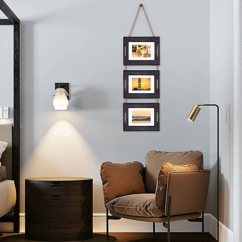 DLQuarts Hanging Picture Frames Collage Wall Decor 5x7 or 3.5x5 with Mat, Rustic Wood 3 Photo Frame, Weathered Black
