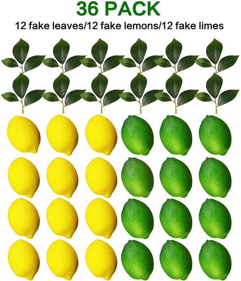 Fake Fruit Artificial Lemons, 3.1''—2.2'' Faux Lemon Fake Limes with Leaves, Lifelike Fake Lemon Decor for Kitchen Table Cabinet Party, Plastic Fruits Photography Prop 36PCS