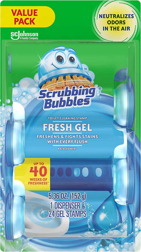 Scrubbing Bubbles Fresh Gel Toilet Cleaning Stamp, Rainshower, Dispenser with 24 Gel Stamps, 5.36 oz