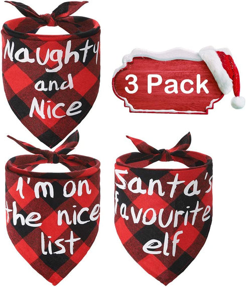 BINGPET Christmas Dog Bandanas - 3 Pack Plaid Pet Triangle Scarfs with Printing for Small Medium Large Dogs