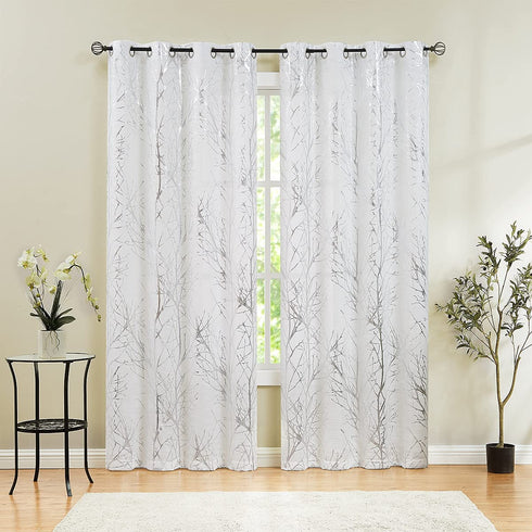 FMFUNCTEX Silver White Semi Sheer Curtains 45inch Tree Branch Short Window Curtain Drapes for Laundry Small Windows Metallic Print Modern Curtains for Chrismas D©cor Grommet Top 2pcs