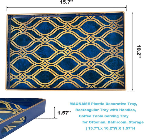 MAONAME Blue Decorative Tray with Handles, Plastic Serving Tray for Coffee Table, Marbling Rectangular Tray for Ottoman, Bathroom, Storage, 15.7" Lx 10.2" W X 1.57" H
