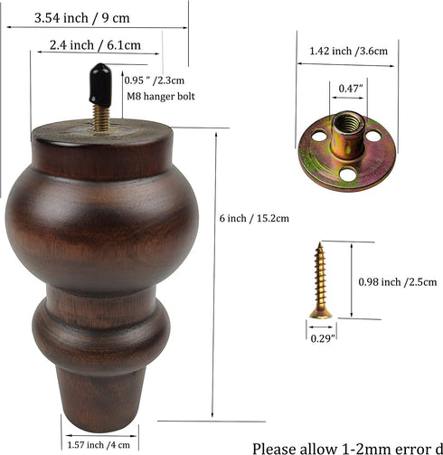 Couch Legs 6 inch Wood bun Furniture feet Set of 4 for Sofa Armchair Ottoman Coffee Table etc with Screw Install kit (6 inch bun Legs)