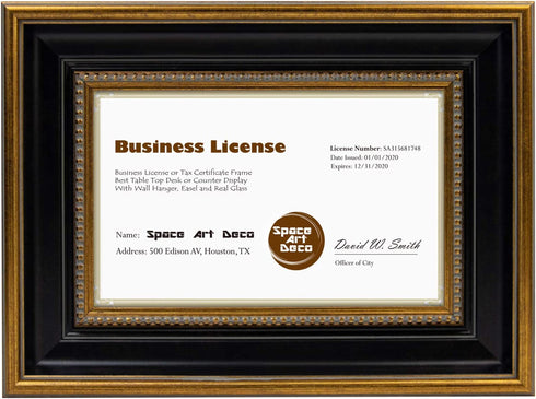 Space Art Deco, 8.5x5.5 Business License Frame, Professionals Certificate Frame, Tempered Glass Wall Hangers or Easel Stand Display (Ornate Gold/Black)