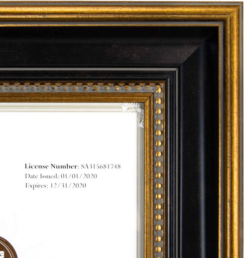 Space Art Deco, 8.5x5.5 Business License Frame, Professionals Certificate Frame, Tempered Glass Wall Hangers or Easel Stand Display (Ornate Gold/Black)