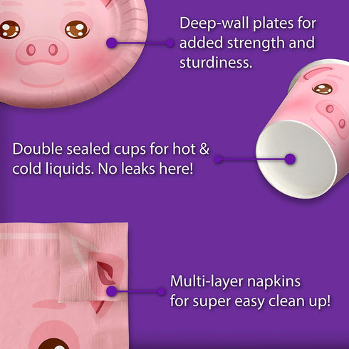 Birthday Party Supplies Set Plates Napkins Cups Tableware Kit for 16 ¦ (Pig)