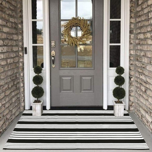 Black and White Striped Rug 27.5"x43" Outdoor Doormat Cotton Hand Woven Welcome Doormats Reversible Layered Door Mats Farmhouse Indoor Outdoor Runner Rug for Front Porch Entryway Laundry Room Kitchen