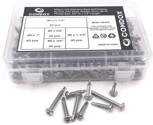 Comdox 410 Stainless Steel Self Drilling Screws Kit Set, Pan Head Phillips Sheet Metal Tek Screws Assortment Kit, Modified Truss Head, 8-18 Thread Size, 5/8" to 1-1/2" Length (Pack of 200)
