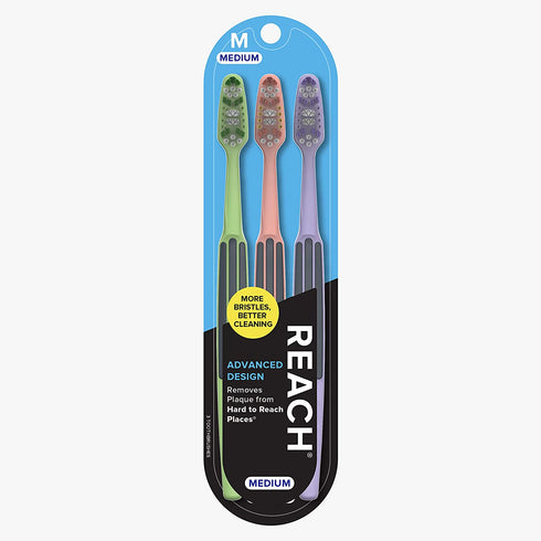 REACH ADVANCED DESIGN TOOTHBRUSH WITH MEDIUM BRISTLES, 3 COUNT