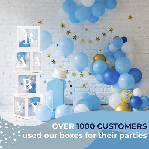 Baby Blocks for Baby Shower Party Decorations - Baby Shower Box Set of 45 pcs, 33 Blue Silver White Ballons, 4 Clear Blocks, 8 Letters - Balloon Boxes for Boys and Girls Birthday & Gender Reveal Backdrop
