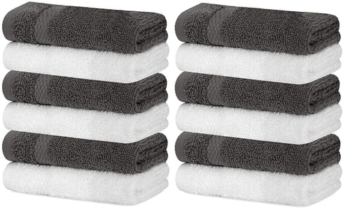 White Classic Luxury Cotton Washcloths - Large Hotel Spa Bathroom Face Towel | 12 Pack | (6-Grey/6-White)