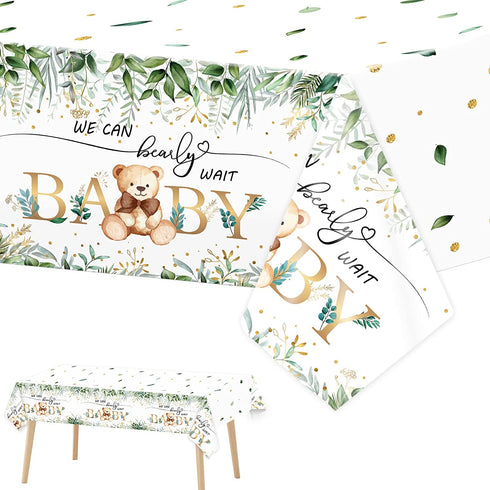 Bear Baby Shower Tablecloth Plastic Teddy Bear Table Cover We Can Bearly Wait Baby Party Decorations Greenery Leaves Table Cover for Baby Shower Kids Birthday Party Supplies, 54 x 108 Inch (1 Pack)