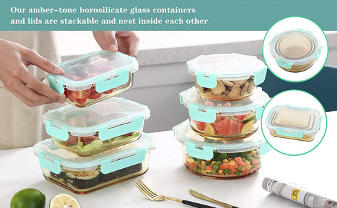 Emica Glass Food Container Set-6 Pack, Glass Amber Color Meal Prep Containers, Food Prep Containers Glass with Lids, Glass Bento, Airtight Glass Bento Boxes, Glass Food Storage Set (6 Containers & 6 Lids)