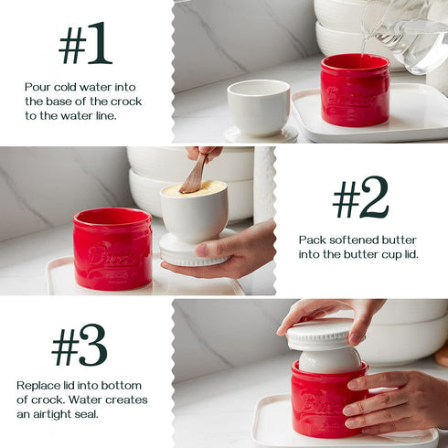 DOWAN Porcelain Butter Keeper Crock, French Butter Dish with Lid, Embossed Butter Container for Soft Butter, Big Capacity & Humanized Water Line, Red