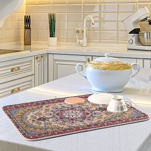 ElliTarr Brown Retro Boho Dish Drying Mat for Kitchen Counter, Microfiber Absorbent Dish Draining Mat, Large Kitchen Drying Mat Heat Resistant Drying Pad for Counter 18x24