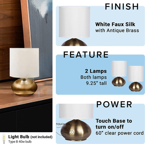Catalina 18581-001 Transitional 2 Pack Matching Small Touch Table Lamp Set, 9.25, Classic Antique Brass, 2 Count
