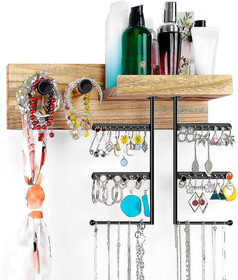 Nokgnoa Jewelry Organizer Wall Mounted Hanging Jewelry Organizer Display Rustic Wood Jewelry Holder with Large Capacity for Necklaces, Bracelet Earrings, Carbonized Black