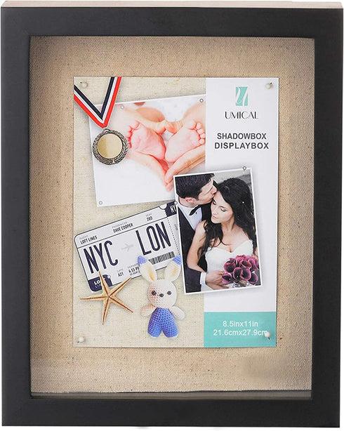 UMICAL 8.5x11 Shadow Box Display Case Black Wooden Shadow Box Frame with Linen Board and Stick Pins Memorabilia Awards Medals Photos Tickets Art Bouquet Memory Box for Keepsakes