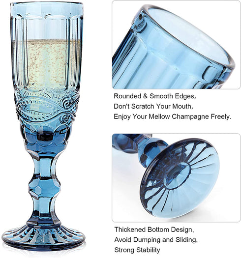 Champagne Glasses set of 4 Cheers Champagne Flutes 5 oz for Wedding Party Anniversary Christmas Vintage Pattern Embossed Premium Glass 150 ml (Blue)