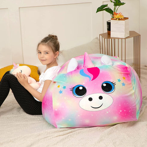 Stuffed Animal Storage Unicorn Bean Bag Chair Cover for Kids Room Organizer and Decor 24x24in (Cover Only)