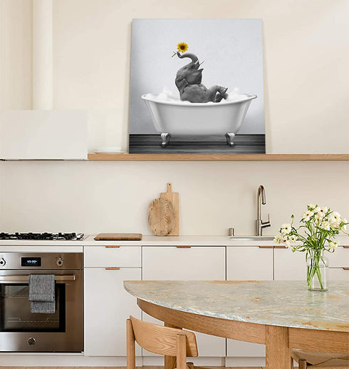 Canvas Prints Bathroom Wall Art Framed Wall Decor,Elephant with Sunflower in Bathtub Wall Painting Animal Print Artwork for Living Room Bedroom Kitchen Wall Decorations Ready to Hang 12x12in
