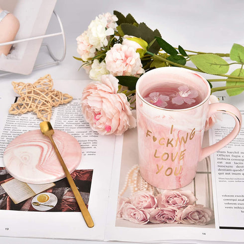 I Fucing Love You Mug - Funny Coffee Mug for Women - I Love You Gifts for Her - Best Valentine Gifts Ideas - Pink Marble Mug for Girlfriend Wife Women with Spoon Gift Box Coaster 14 Oz