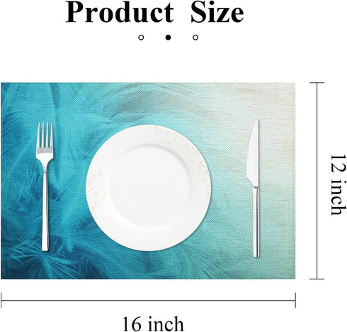 Batmerry Green Turquoise Placemats, Peacock Feather Pattern in Teal and White Woven Burlap Modern Placemats for Dining Table Kitchen Table Round Table Farmhouse Wedding Outdoor Indoor Set of 4
