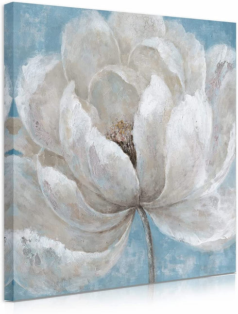 Yelash Bathroom Wall Decor Flower Picture - White Floral Blossom Painting Canvas Wall Art for Bedroom - Abstract Painting Framed and Easy to Hang 14''X14''