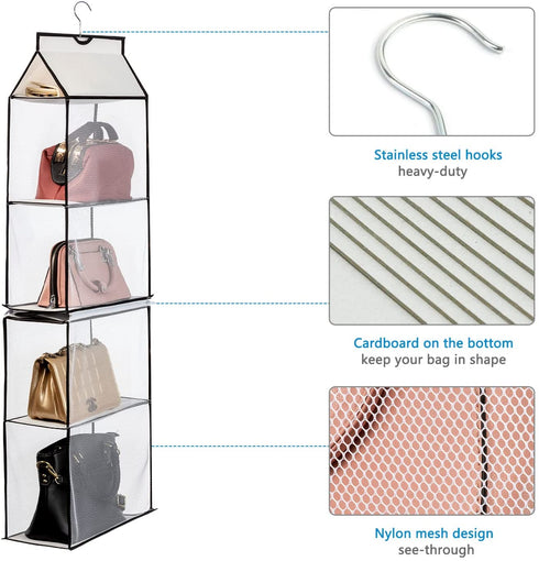 ANSTROUT Closet Purse Organizer, Hanging Handbag Purse Organizer for Closet with 4 Heavy-Duty Mesh Shelves Purse Storage Bag(White-1Pack)