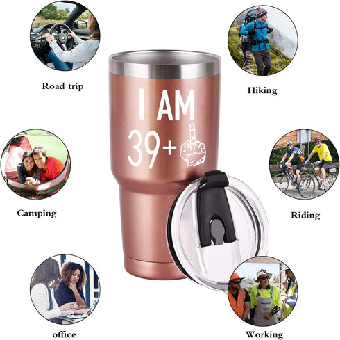 39 Plus One Middle Finger Mug Tumbler for Men Women, Funny Turning 40 Years Old Bday Tumbler Idea for Wife Friends Sister Coworker, 30 Oz Stainless Steel Insulated Travel Tumbler, Rose Gold