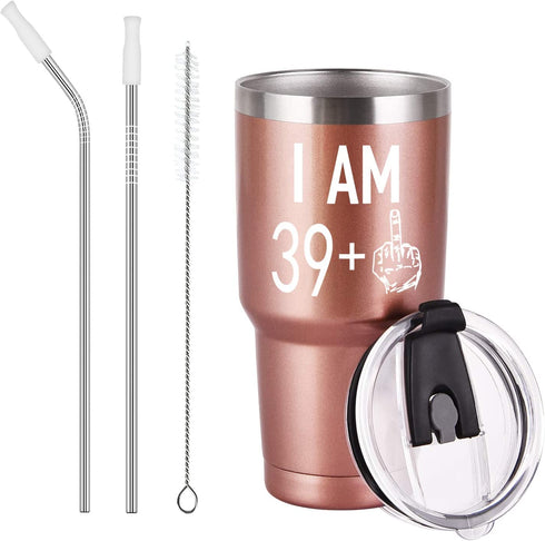 39 Plus One Middle Finger Mug Tumbler for Men Women, Funny Turning 40 Years Old Bday Tumbler Idea for Wife Friends Sister Coworker, 30 Oz Stainless Steel Insulated Travel Tumbler, Rose Gold