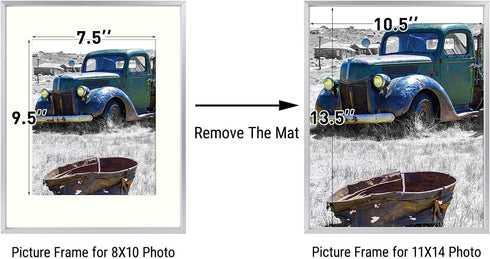 Golden State Art, 11x14 Silver Picture Frame Displays Photo 8x10 with Ivory Mat or 11x14 Without Mat for Wall Mounting Aluminum Frames with Real Glass (Pack of 1)