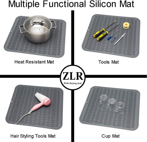 ZLR Dish Drying Mat, Multiple Usage Silicone Dish Drying Mat, Easy to Clean Drying Mat for Kitchen Counter, Grey, 16 inches x 18 inches, XL