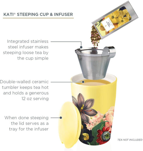 Tea Forte Kati Cup Soleil, Ceramic Tea Infuser Cup with Infuser Basket and Lid for Steeping Loose Leaf Tea