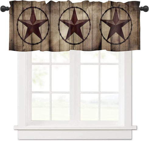 Western Texas Star Window Curtain Valance for Living Room/Kitchen/Bathroom/Farmhouse, Retro Rustic Wooden Boards Short Rod Pocket Tier Curtain Window Treatment, 1 Panel 54x18