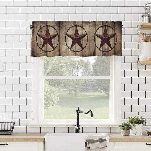 Western Texas Star Window Curtain Valance for Living Room/Kitchen/Bathroom/Farmhouse, Retro Rustic Wooden Boards Short Rod Pocket Tier Curtain Window Treatment, 1 Panel 54x18