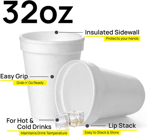 32 Oz Disposable Styrofoam Cups (25 Pack), White Foam Cup Insulates Hot & Cold Beverages, Made in the USA, To-Go Cups - for Coffee, Tea, Hot Cocoa, Soup, Broth, Smoothie, Soda, Juice