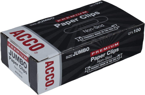ACCO Jumbo Paper Clips, Non-Skid, Premium, Steel Wire, 20 Sheet Capacity, Silver, 1 Box of 100 Clips (A7072510)