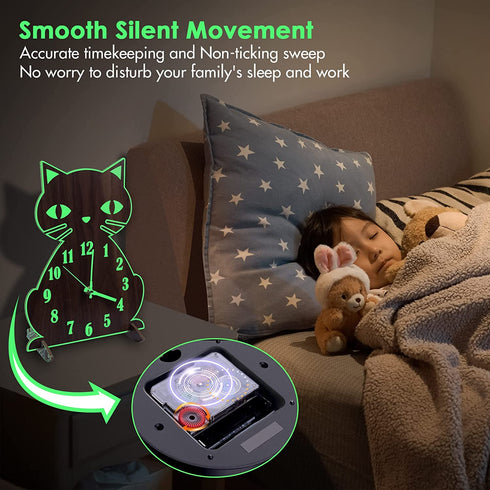 Lantoo Night Light Wall Clock, Luminous Wall Clock with Numerals & Hands Glow in Dark, Cat Wooden Wall Clock, Entirely Silent Wall Clocks Battery Operated for Kitchen Living Room Bedroom